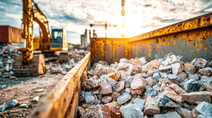 Fototapeta premium Construction site with rocks and heavy machinery during sunset