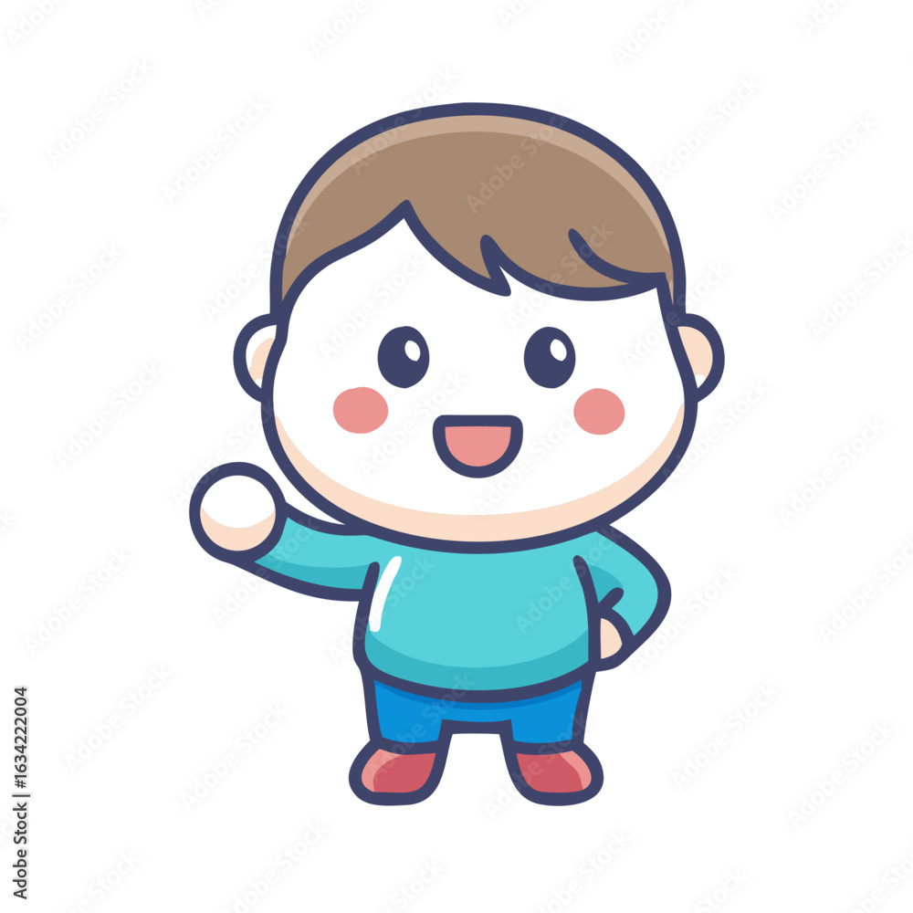 Aufkleber cheerful child character smiling and waving in a playful setting with bright colors, designed for ch