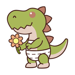 Cute dinosaur character holding a flower while wearing a diaper in a playful cartoon style