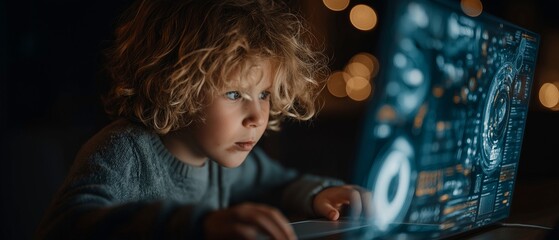 Hologram education.  At home, a young child uses a laptop to concentrate on an advanced interactive digital dashboard.