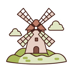 Windmill standing amidst green hills and fluffy clouds in a serene landscape during a sunny day