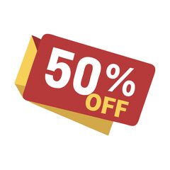 Discount sign displaying fifty percent off promotional offer in bright colors on a white background