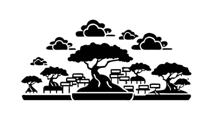 Bold black silhouette of diverse trees and clouds against a white background capturing the essence of nature's harmony and tranquility in artistic form