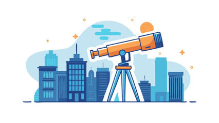 View of a city skyline with a telescope designed for stargazing during twilight hours