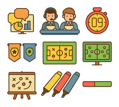Pre-Game Analyst Desk. Flat vector mini-illustrations pre-game analyst desk in colors children's illustrations