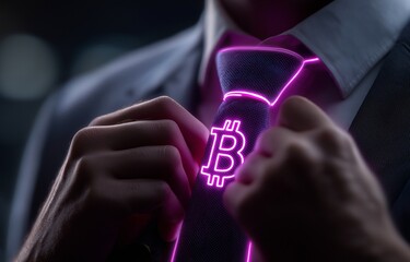 Using a purple neon bitcoin mining progress indicator, a businessman fixes a tie.