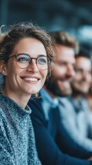 A team of businesspeople sits in a row and works during a conference or office meeting, improving teamwork and presentation.
