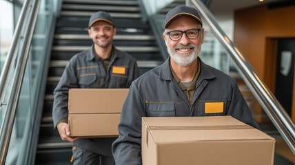 Posing on the stairs in the entrance with large cardboard boxes filled with things are men movers.