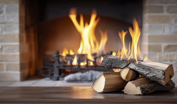 Cozy Hearth: A close-up view of a roaring fireplace, complete with crackling flames, glowing embers, and a stack of logs, conveying warmth, comfort, and tranquility.