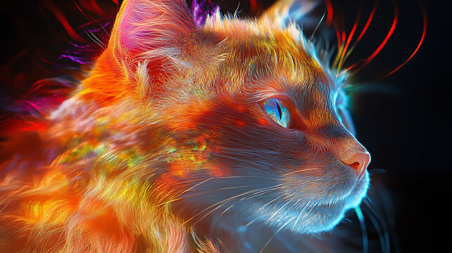 LaPerm AI-feline with wiry translucent fiber fur reflecting color gradients 