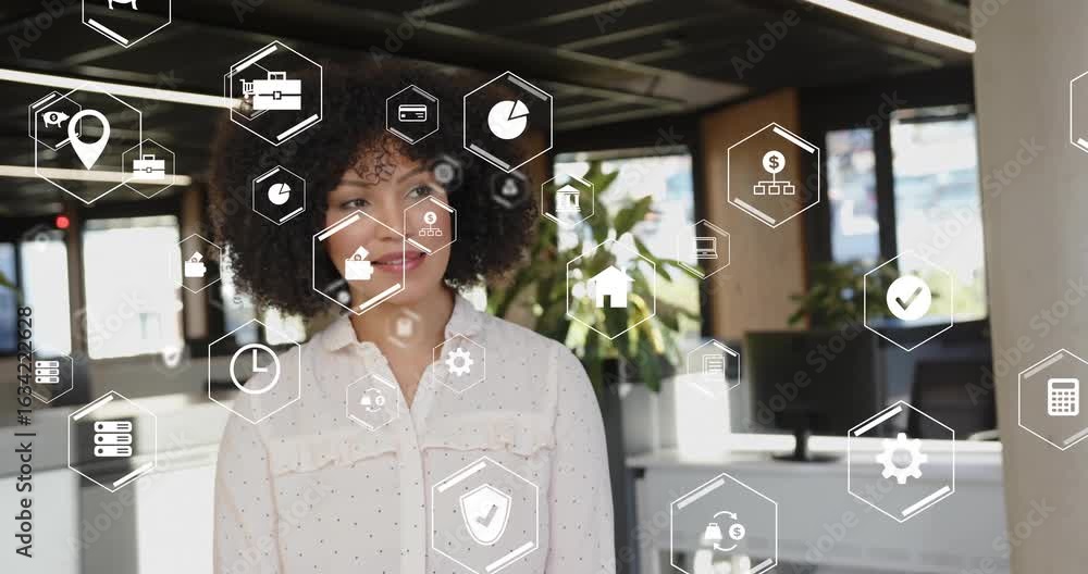 Poster woman tapping air, activating interface and scanning floating business icons for data evaluation