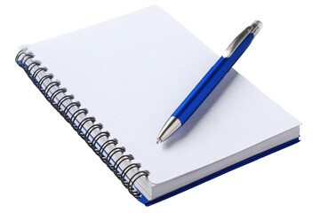 Blank notebook and blue pen placed on a white background ready for notes or creative ideas at any time