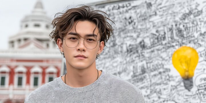 Young man with curly hair and patterned shirt poses outdoors