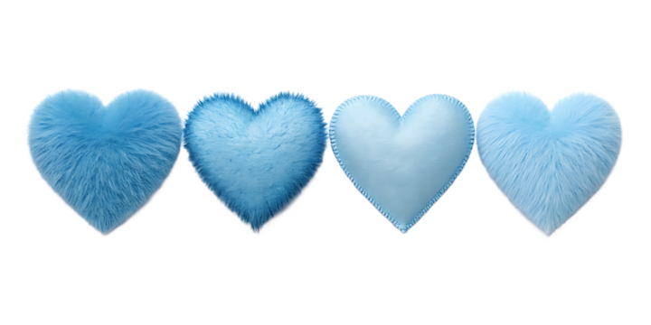 Four fuzzy blue hearts representing love and affection on a stark black background perfect for Valentines Day designs and romantic concepts