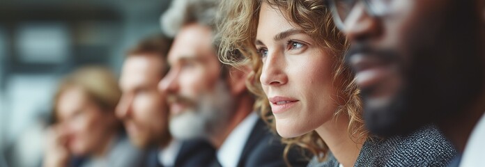 A team of businesspeople sits in a row and works during a conference or office meeting, improving teamwork and presentation.