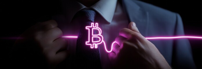 Using a purple neon bitcoin mining progress indicator, a businessman fixes a tie.