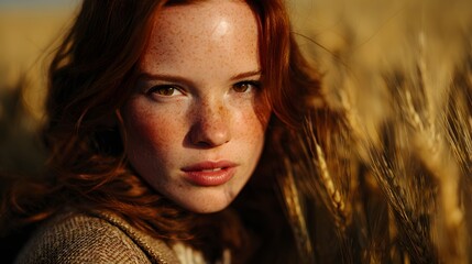 Young woman with red hair in a field of wheat looking at camera.