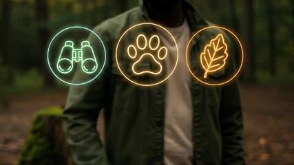 Adult Black man interacting with glowing augmented reality icons (paw print, binoculars, leaf) in a forest, symbolizing future environmental exploration and wildlife conservation. - Powered by Adobe