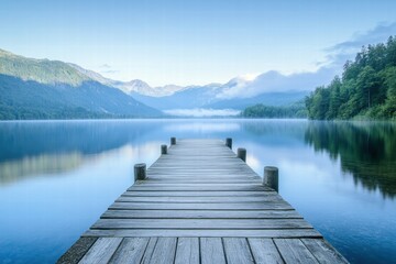 Wooden pier leading into calm lake at sunrise
