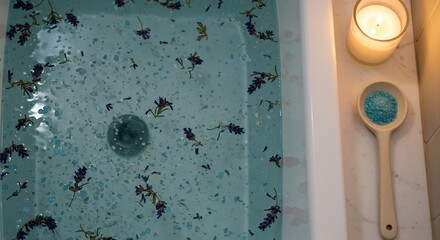 Bathwater with lavender flowers bath salts on a spoon and a lit candle next to the tub
