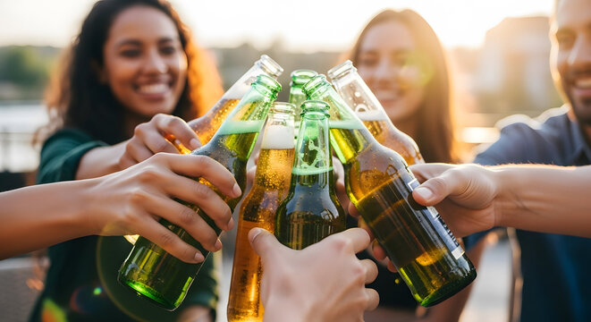 Friends Toasting with Beer Bottles at Sunset, Outdoor Gathering, Joyful Atmosphere - Powered by Adobe