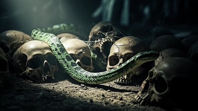 Vibrant Green Snake Coiled Among Ancient Human Skulls in a Dim, Mysterious Setting with Dramatic Lighting