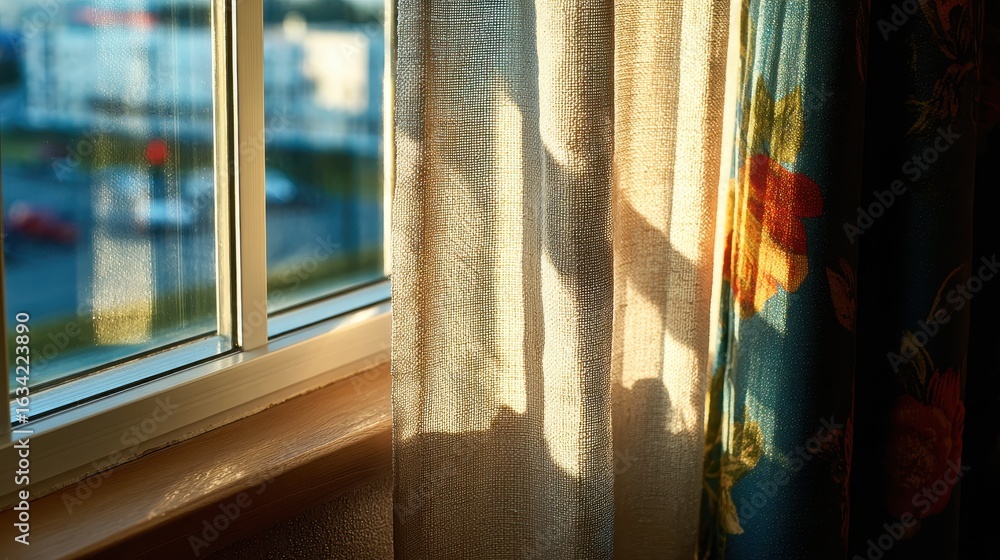 Poster sunlight streams through sheer curtains onto a floral patterned curtain, illuminating a window view.