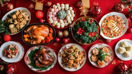 Festive Holiday Feast with Various Dishes and Vibrant Decorations
