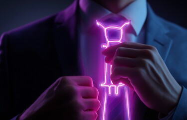 Using a purple neon bitcoin mining progress indicator, a businessman fixes a tie.