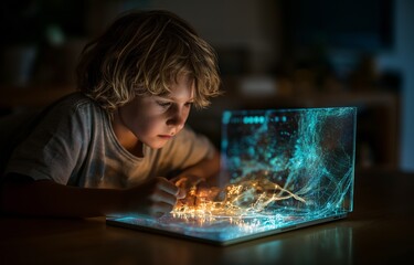 Hologram education.  At home, a young child uses a laptop to concentrate on an advanced interactive digital dashboard.