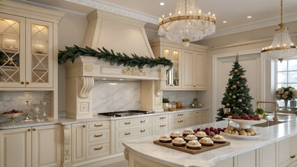 Luxury Cream Holiday Kitchen with Gold Accents and Festive Pastries