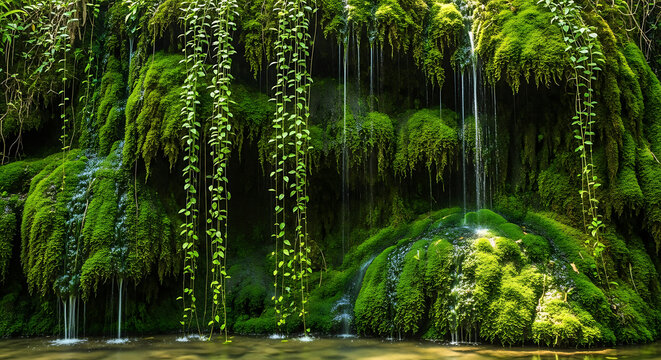 Tranquil waterfall cascading over a lush wall of vibrant green moss and hanging vines in a serene forest grotto. - Powered by Adobe