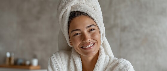 Posing in a contemporary bathroom with a minimalistic style and premium materials, a contented woman wearing a white bathrobe and a towel turban