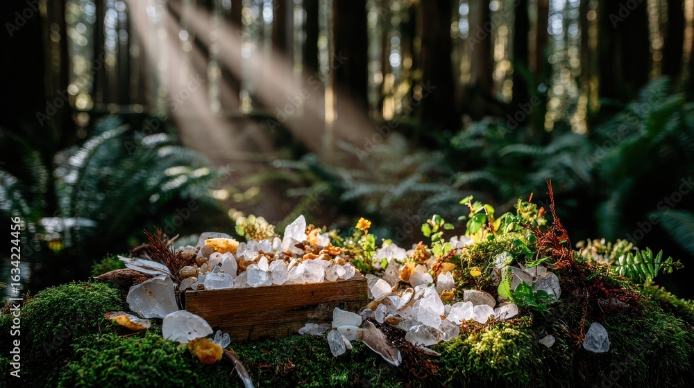 Poster sunbeams illuminate a forest scene with a rustic object and scattered white fragments on moss. detai