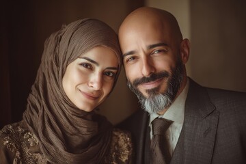 Warm portrait of a smiling Muslim woman in hijab with a bearded man in suit. It represents diversity, inclusion, and loving relationships in modern families.
