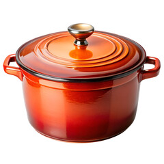 A vibrant red enameled cast iron dutch oven with a lid and handles, isolated on white background, ideal for slow cooking and baking