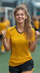 A female football player displays pleasure on the pitch as she celebrates a goal.