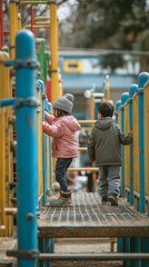 Playground equipment is being used by children.