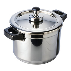 Shiny stainless steel cooking pot with black handles isolated on white background