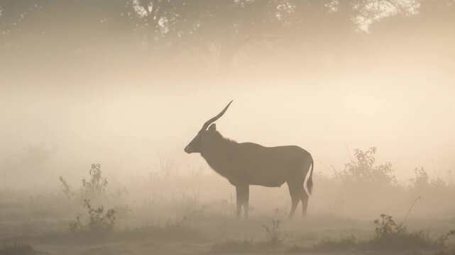 Waterbuck Silhouette in Misty Dawn - A majestic waterbuck stands silhouetted against a hazy, golden sunrise in a tranquil African savanna.