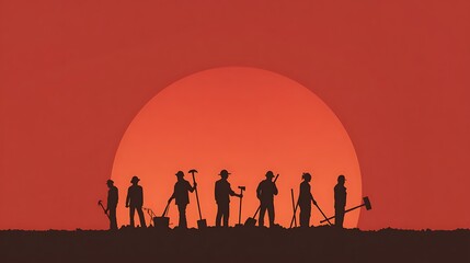 Fototapeta premium Silhouette of workers standing in a field against a vibrant sunset backdrop