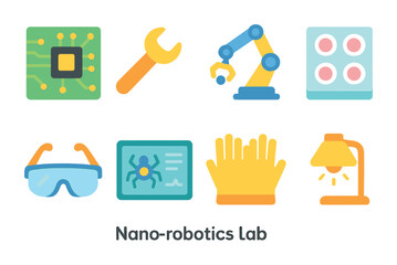 Nano-Robotics Lab Icons. Flat vector mini-illustrations nano-robotics lab in colors children's illustrations: