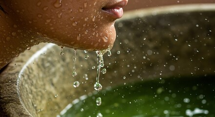 Obraz premium Closeup of a persons wet chin and lower lip water droplets dripping down into a bowl