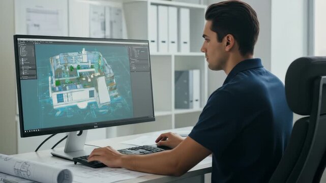 Architect Designing Modern Interior on Computer - A young male architect sits at his desk, focused on a 3D model of a modern interior displayed on his computer screen.