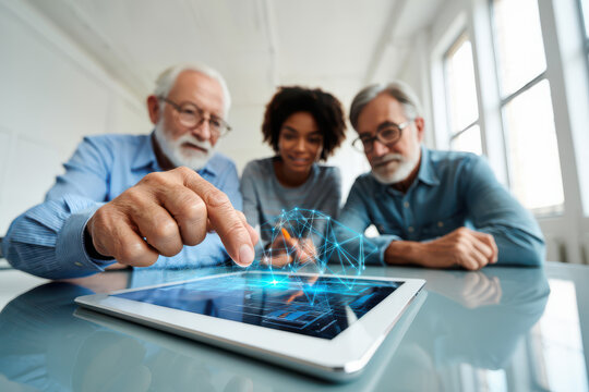 Experienced professionals collaborate on innovative digital project, exploring futuristic technology and data visualization on a tablet device