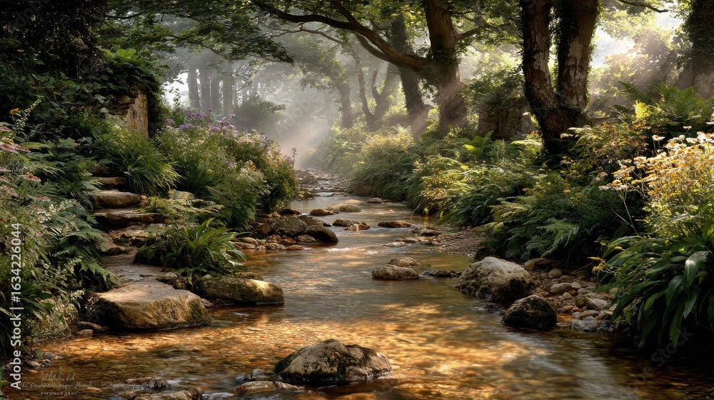 Poster sunlit stream flows through lush green forest, sunlight filtering through leaves, creating a serene 