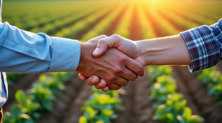 Two farmers shaking hands in a lush green field at sunset symbolizing agreement and partnership