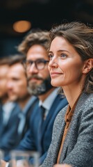 A team of businesspeople sits in a row and works during a conference or office meeting, improving teamwork and presentation.