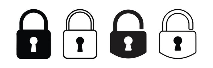 Unlocked and locked padlock icon set with white background