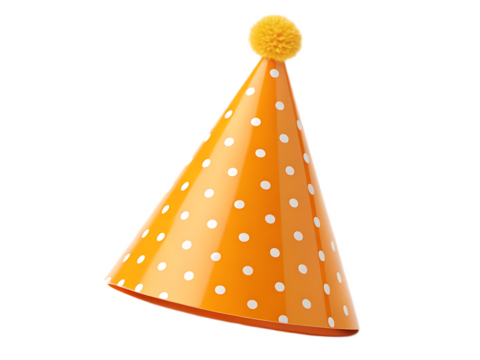A single orange party hat with white polka dots and a pom pom on top isolated on black background
